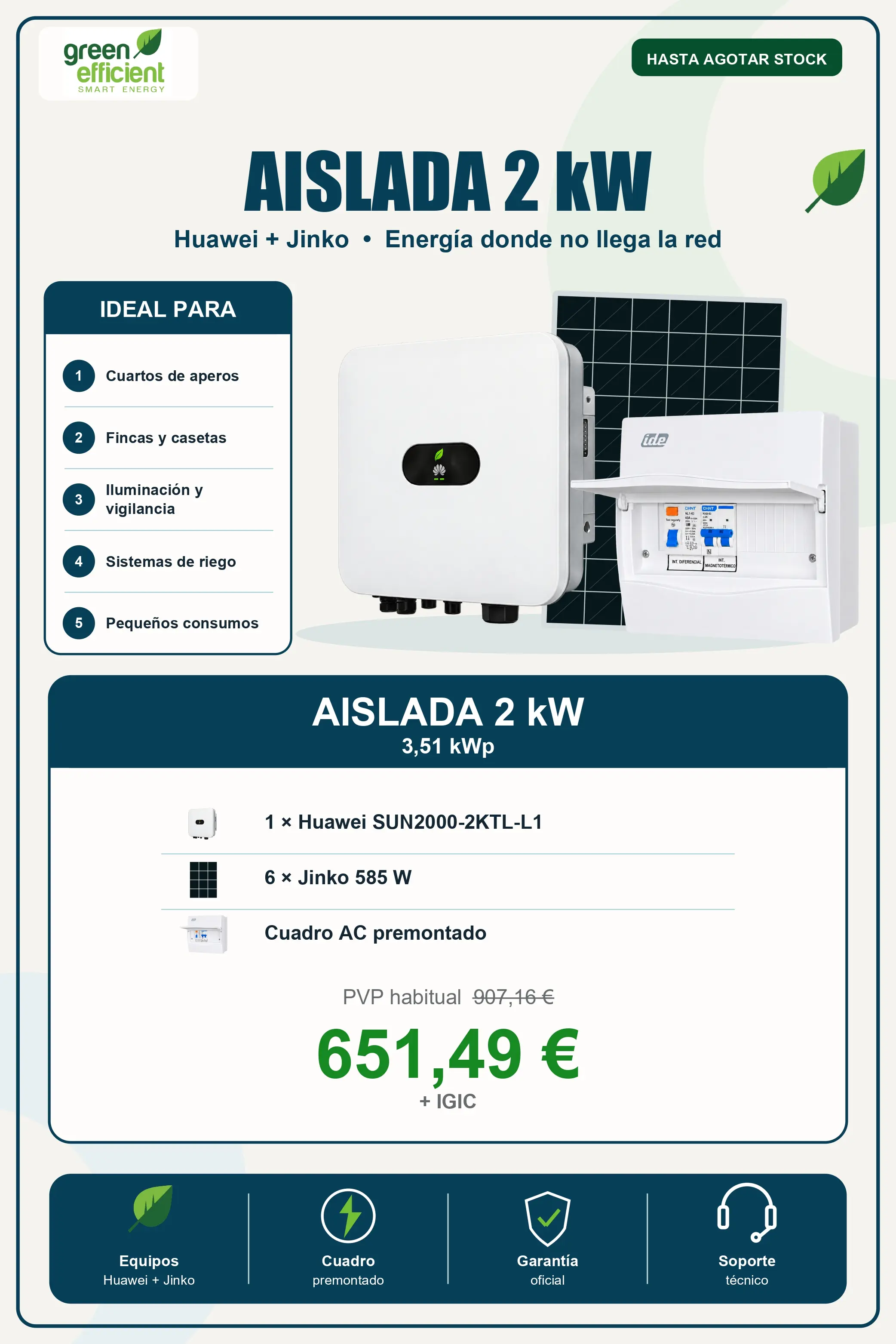 Ficha promocional Kit Solar Aislada 2 kW Huawei con 6 paneles Jinko 585W y cuadro premontado