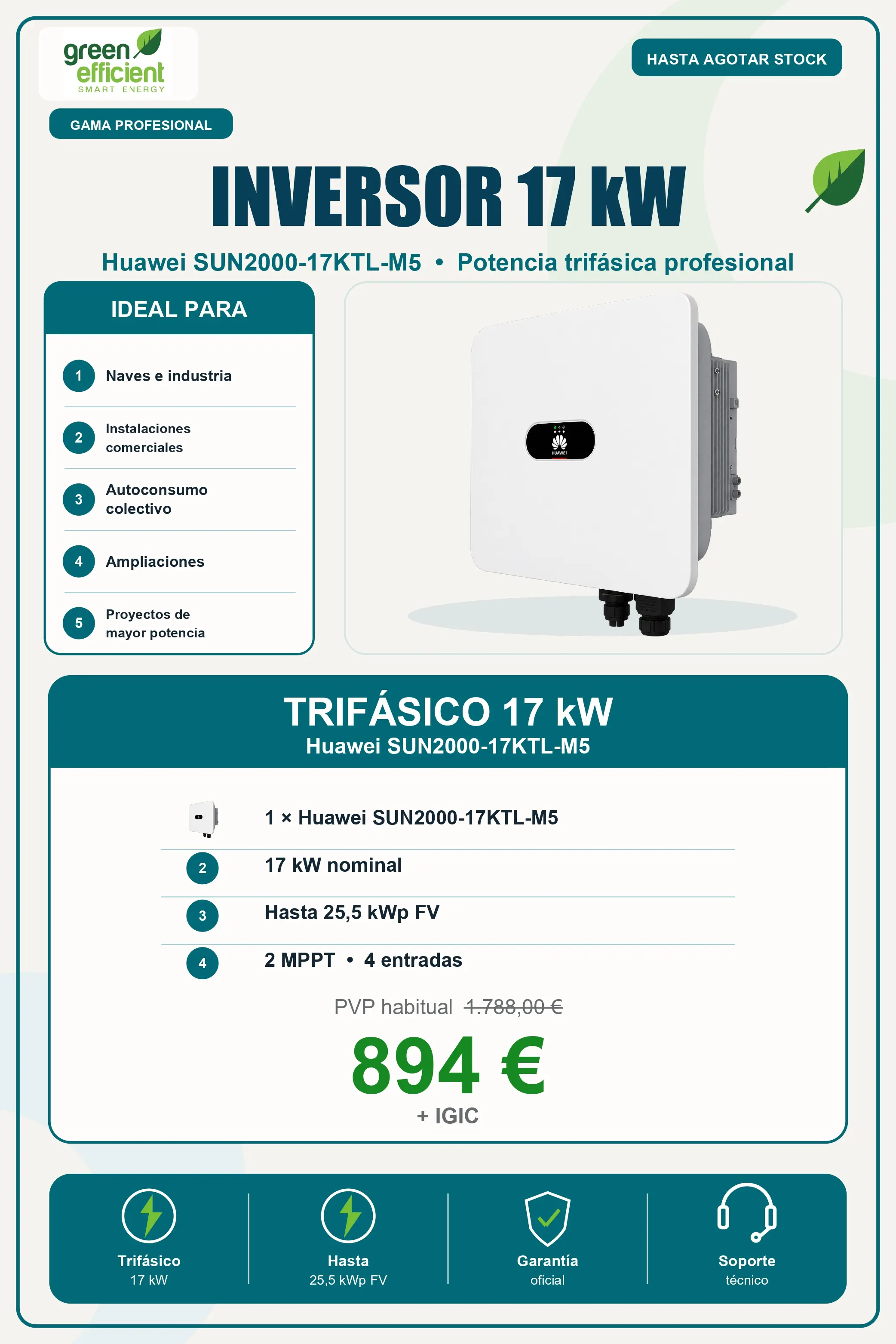 Ficha técnica Inversor Huawei SUN2000-17KTL-M5 Potencia Trifásica 17 kW