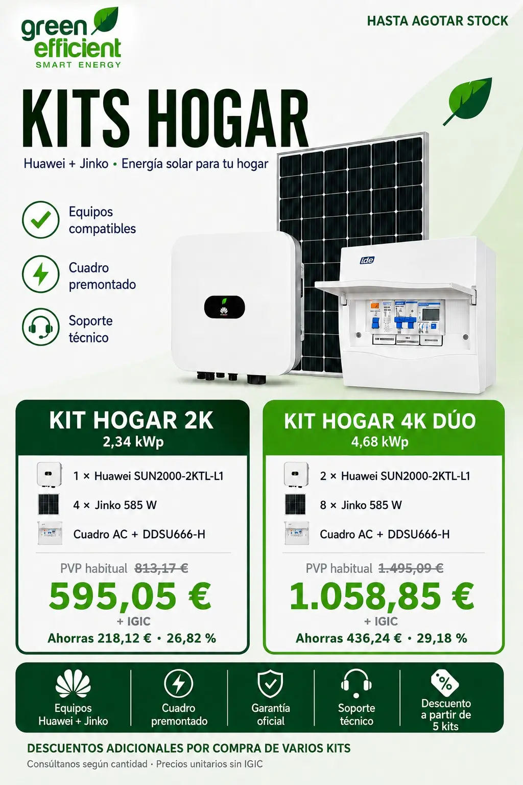 Ficha promocional Kits Hogar 2K y 4K Dúo Huawei + Jinko con medidor DDSU666-H y cuadro AC